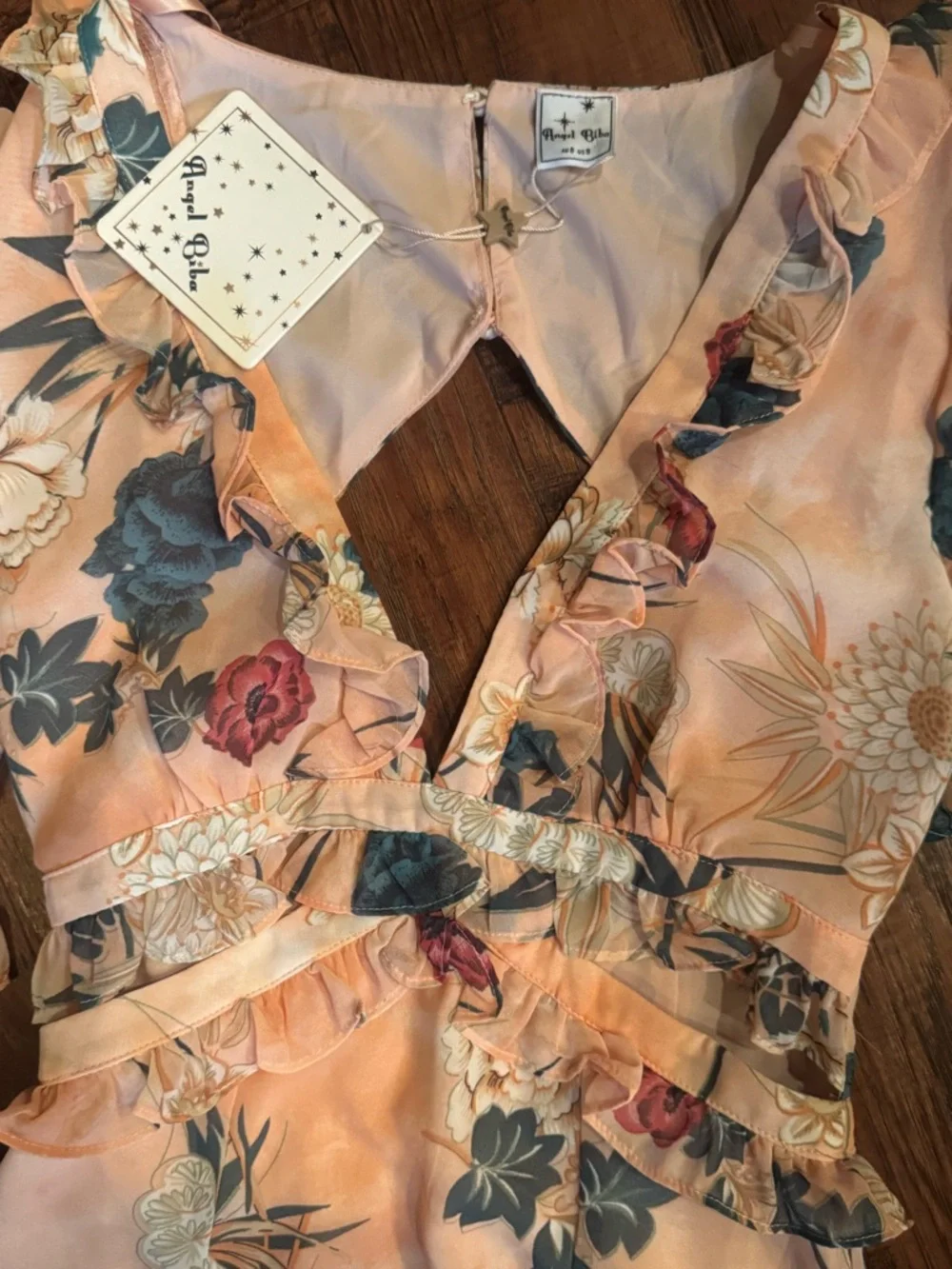 Angel Biba Peach Floral Ruffle Dress with Blue & Cream Accents - Picture 3 of 6